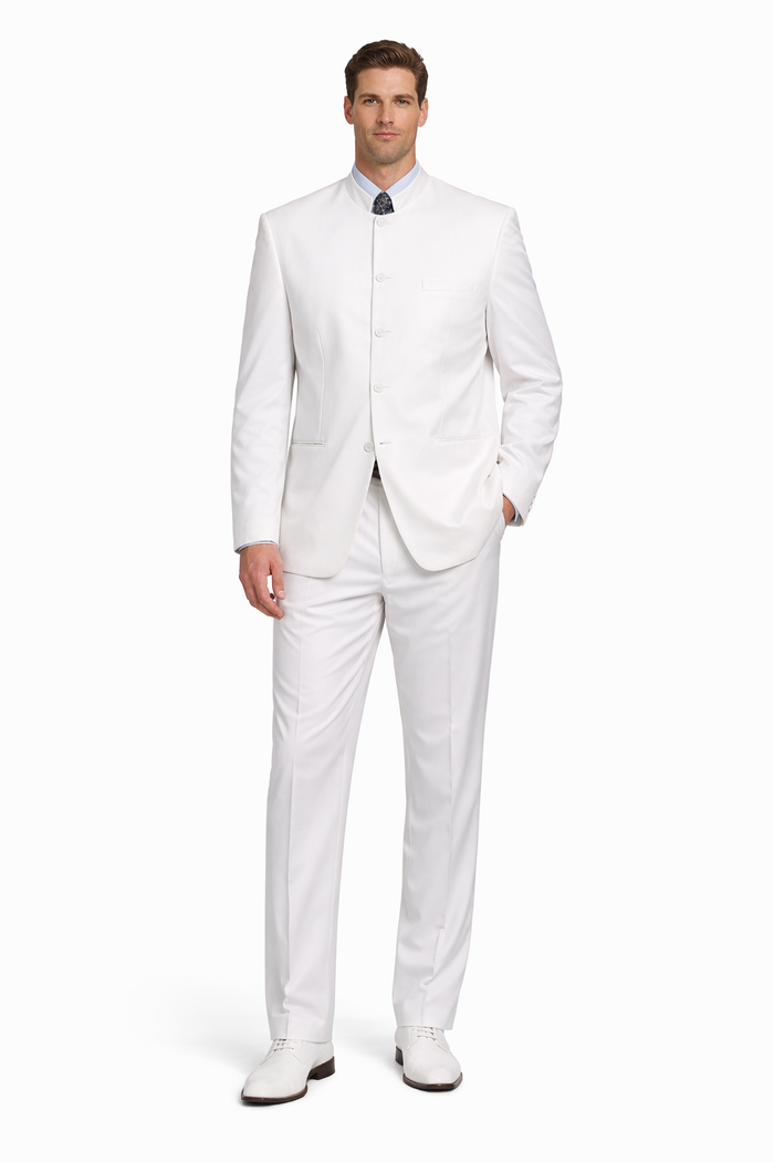 Designer Brand Men's White 5 button Mandarin Collar Suits For Men - All White Suit