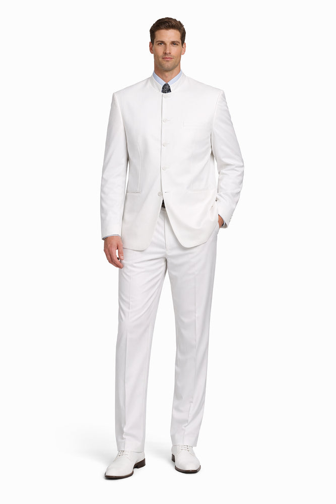 Designer Brand Men's White 5 button Mandarin Collar Suits For Men - All White Suit