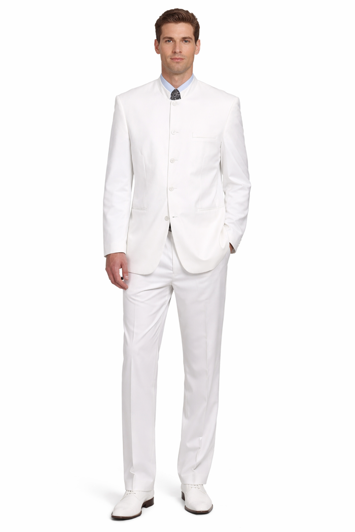 Designer Brand Men's White 5 button Mandarin Collar Suits For Men - All White Suit