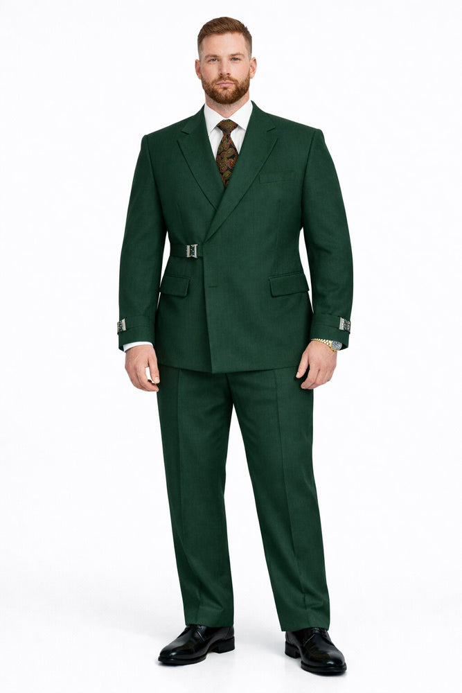 Mens Designer Tailored Fit Hunter Green Double Breasted Wool Suit with Metal Buckle Closure
