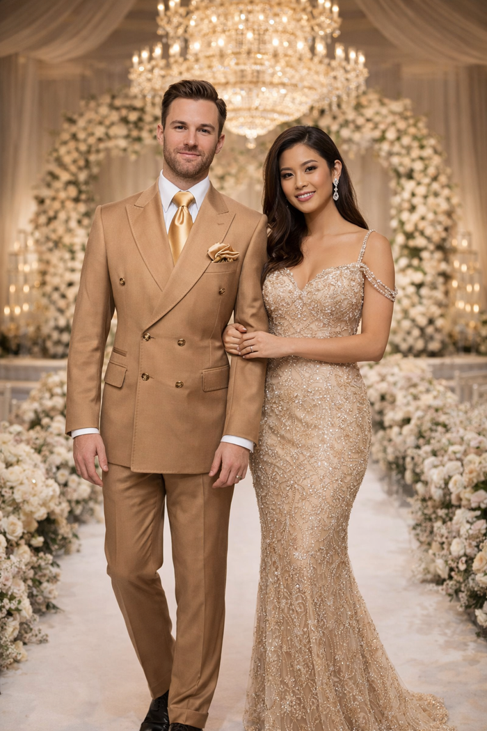 Savoy Camel Gold-Button Double-Breasted Suit