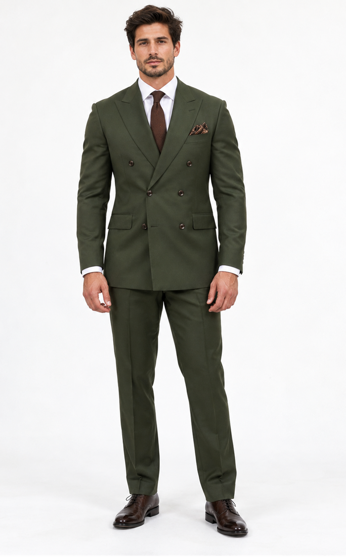 Double Breasted Slim Fit Suit - Dark Green Suit - Tapred Fit Pants