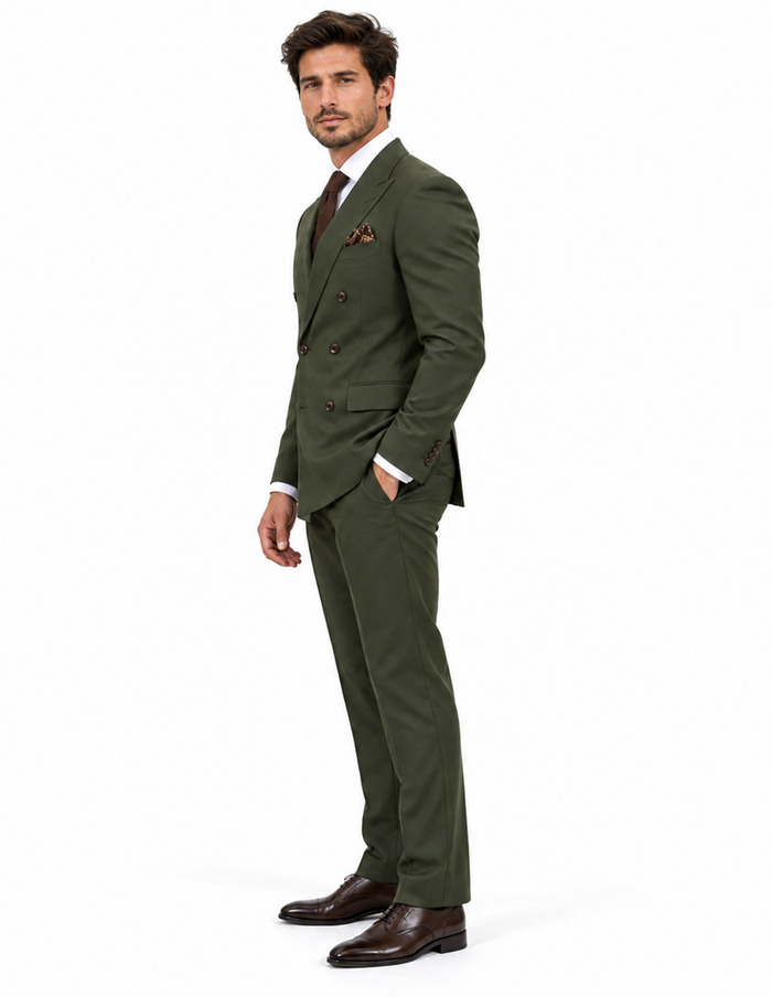 Double Breasted Slim Fit Suit - Dark Green Suit - Tapred Fit Pants