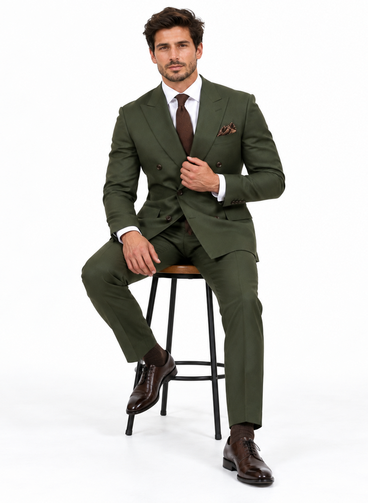 Double Breasted Slim Fit Suit - Dark Green Suit - Tapred Fit Pants