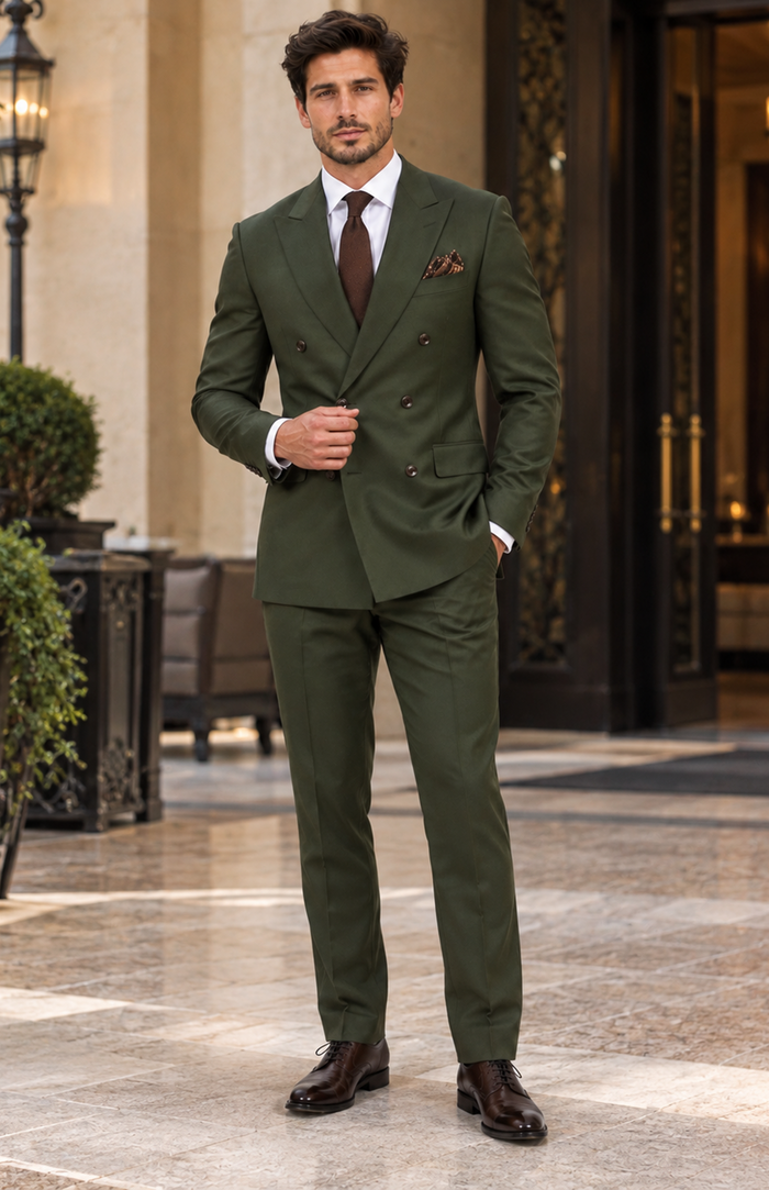 Double Breasted Slim Fit Suit - Dark Green Suit - Tapred Fit Pants