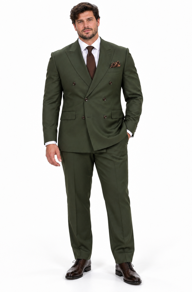 Double Breasted Slim Fit Suit - Dark Green Suit - Tapred Fit Pants