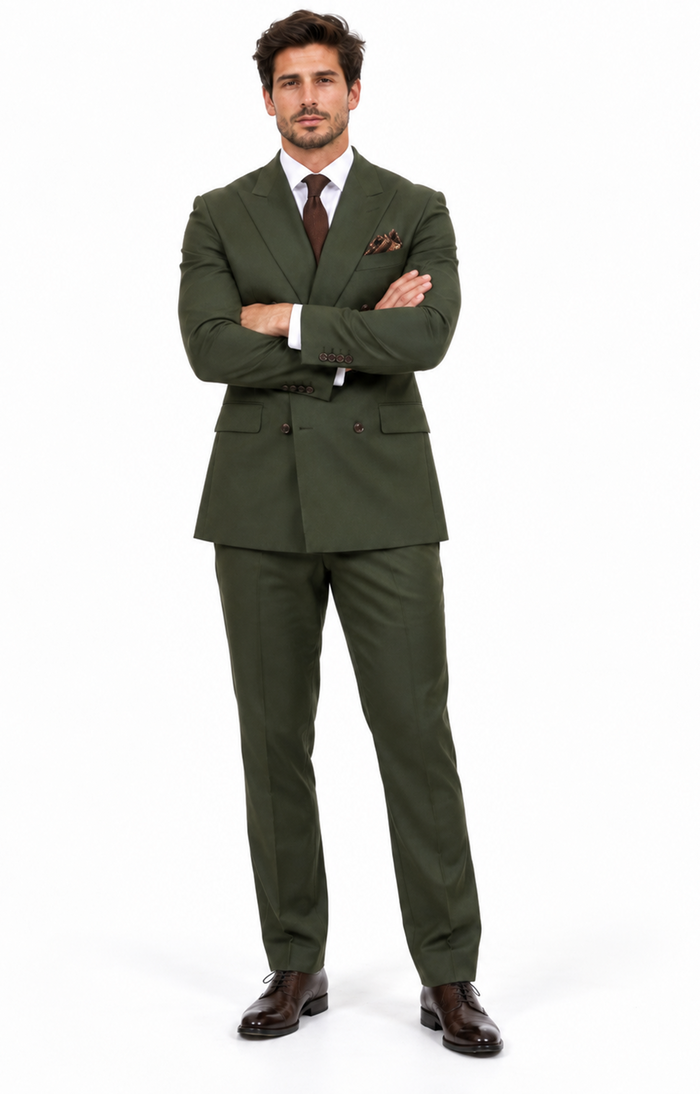 Double Breasted Slim Fit Suit - Dark Green Suit - Tapred Fit Pants