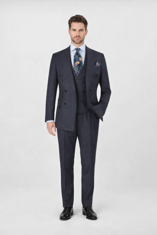 Double Breasted Suits - Vested Suits Wool Fabric - Apolo King Brand - Gray Plaid Suit