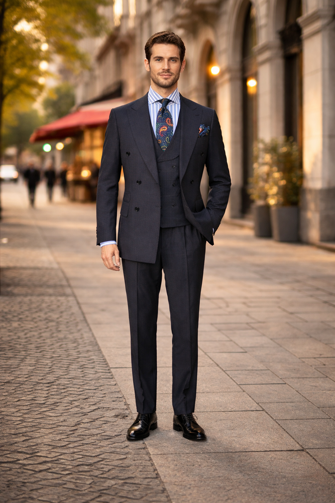 Double Breasted Suits - Vested Suits Wool Fabric - Apolo King Brand - Gray Plaid Suit