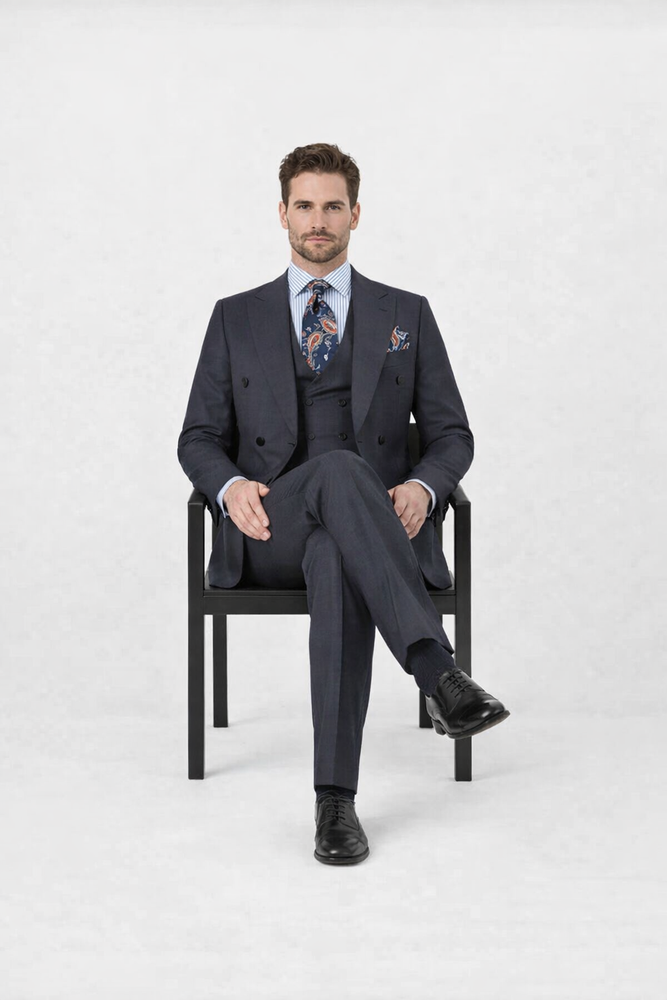 Double Breasted Suits - Vested Suits Wool Fabric - Apolo King Brand - Gray Plaid Suit