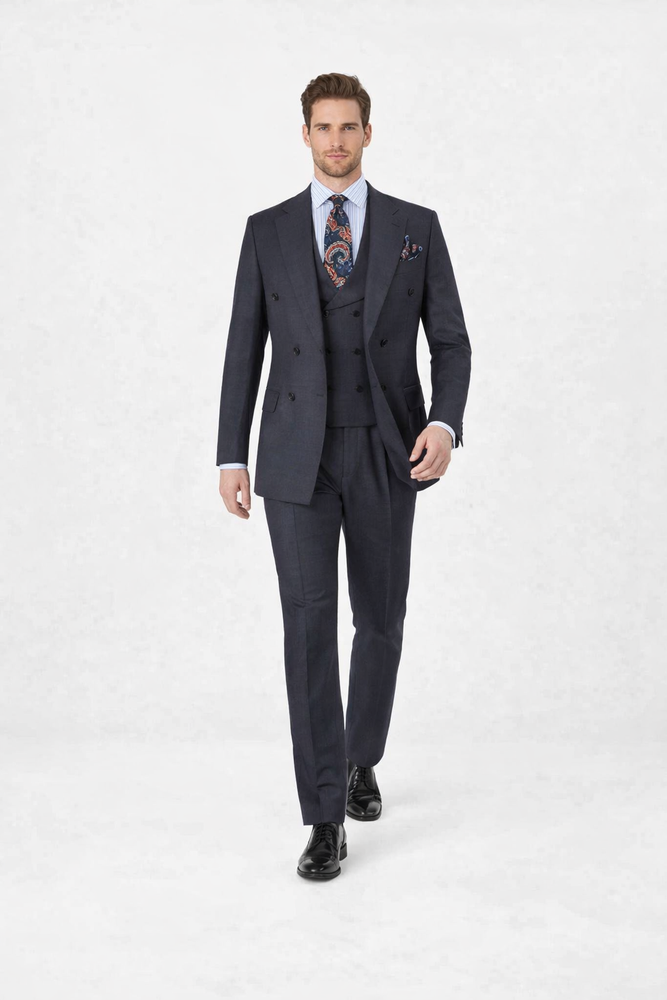 Double Breasted Suits - Vested Suits Wool Fabric - Apolo King Brand - Gray Plaid Suit