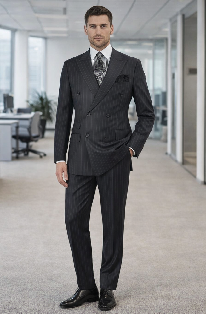 Double Breasted Suits - Vested Suits Wool Fabric - Apolo King Brand - Gray Stripe Suit