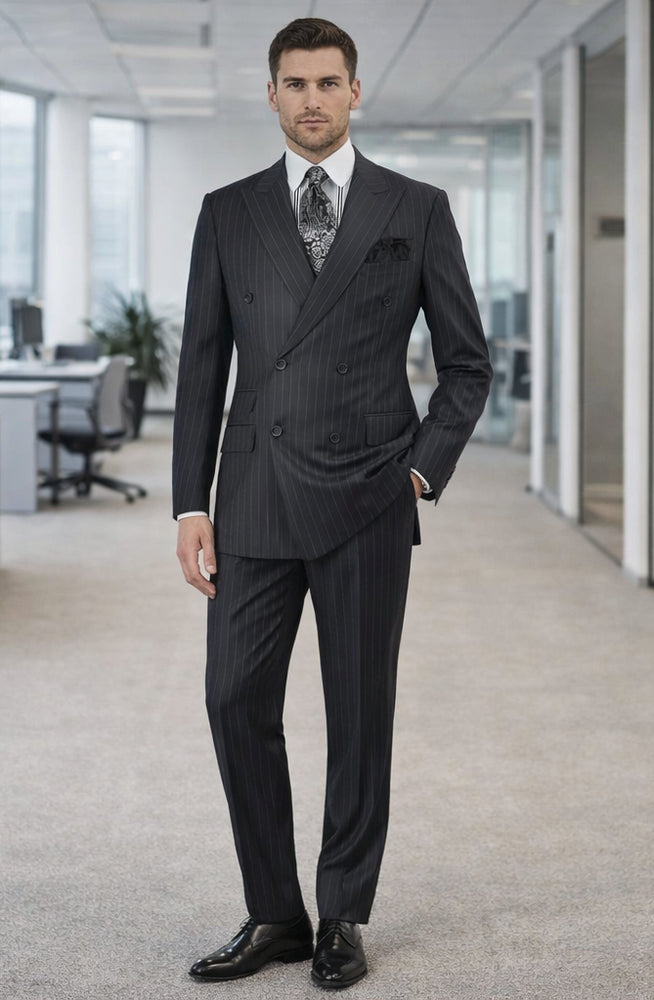 Double Breasted Suits - Vested Suits Wool Fabric - Apolo King Brand - Gray Stripe Suit