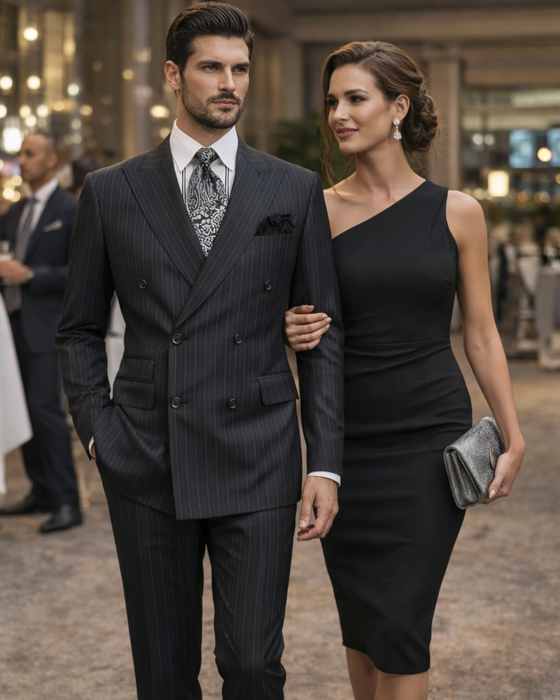 Double Breasted Suits - Vested Suits Wool Fabric - Apolo King Brand - Gray Stripe Suit