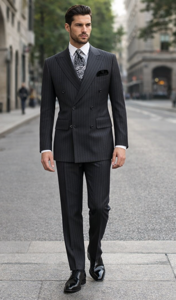 Double Breasted Suits - Vested Suits Wool Fabric - Apolo King Brand - Gray Stripe Suit