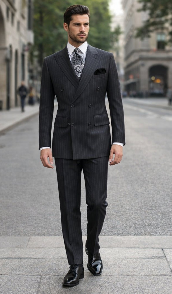 Double Breasted Suits - Vested Suits Wool Fabric - Apolo King Brand - Gray Stripe Suit