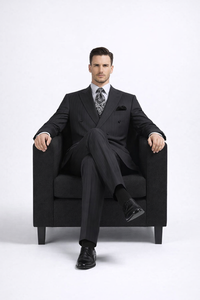 Double Breasted Suits - Vested Suits Wool Fabric - Apolo King Brand - Gray Stripe Suit