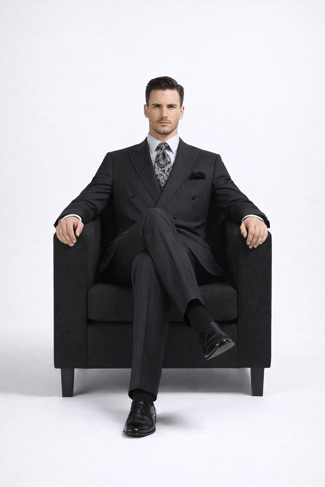 Double Breasted Suits - Vested Suits Wool Fabric - Apolo King Brand - Gray Stripe Suit