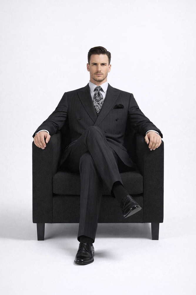 Double Breasted Suits - Vested Suits Wool Fabric - Apolo King Brand - Gray Stripe Suit