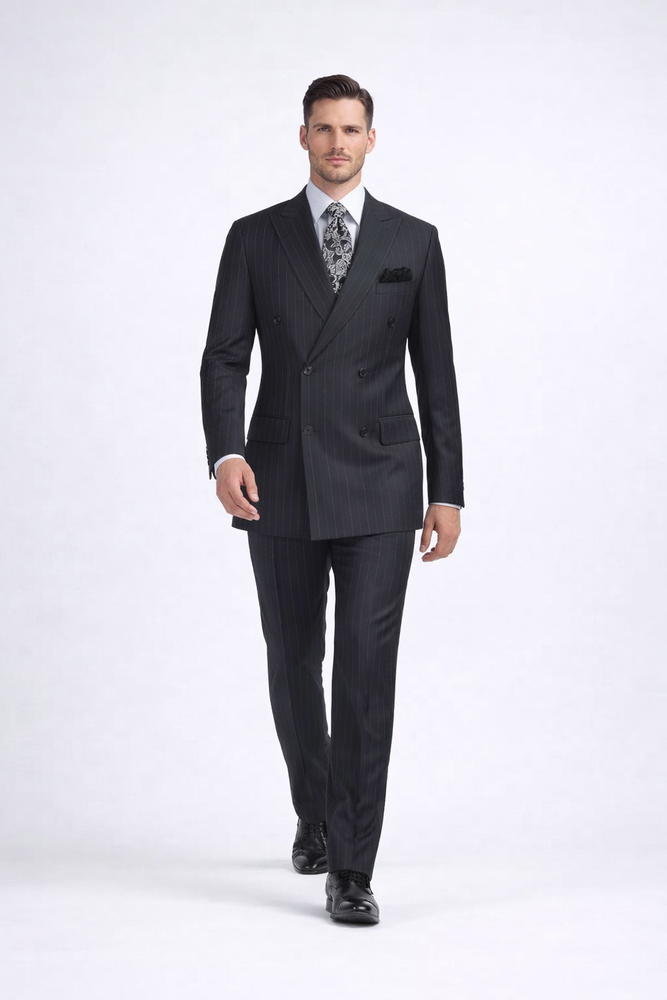 Double Breasted Suits - Vested Suits Wool Fabric - Apolo King Brand - Gray Stripe Suit