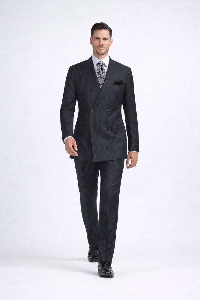 Double Breasted Suits - Vested Suits Wool Fabric - Apolo King Brand - Gray Stripe Suit