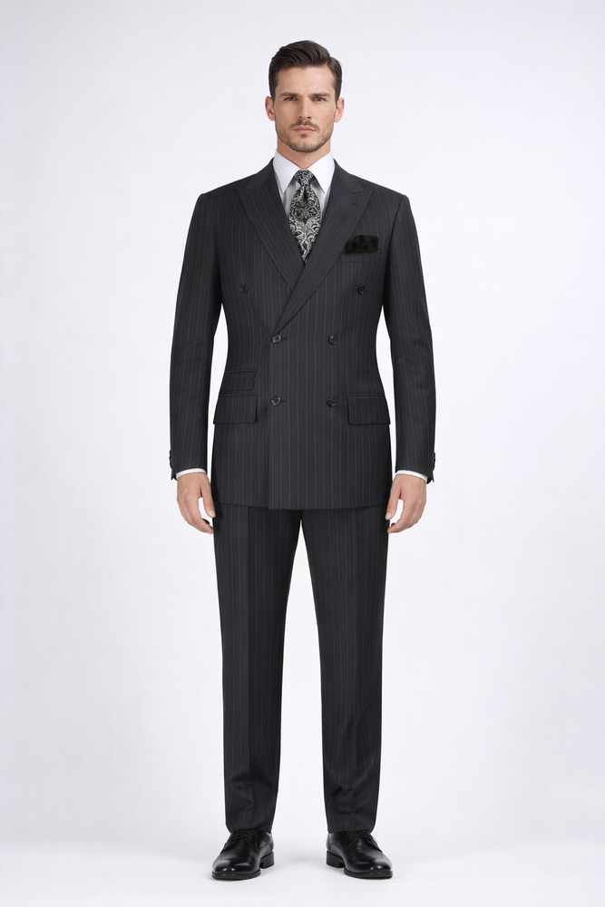 Double Breasted Suits - Vested Suits Wool Fabric - Apolo King Brand - Gray Stripe Suit