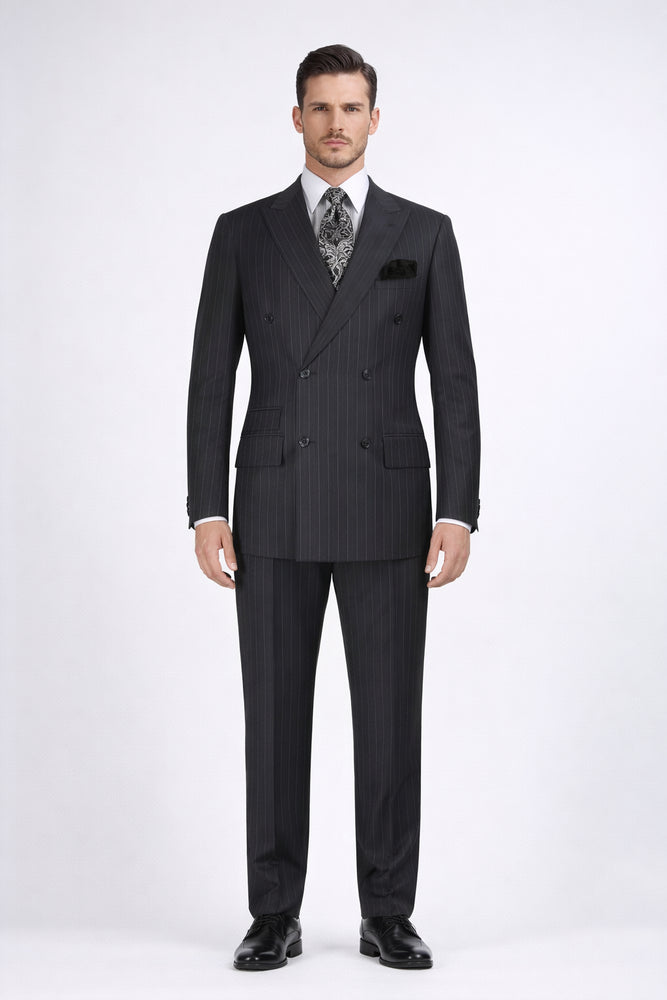 Double Breasted Suits - Vested Suits Wool Fabric - Apolo King Brand - Gray Stripe Suit