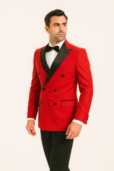 Double Breasted Tuxedo Mens Red Buttons Closure Slim Fit Tuxedo