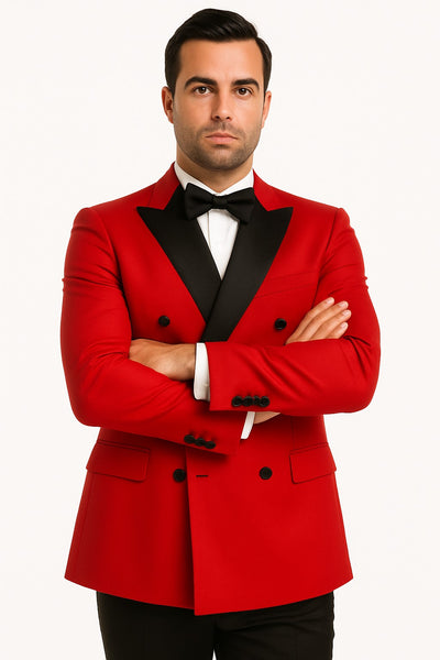 Double Breasted Tuxedo Mens Red Buttons Closure Slim Fit Tuxedo