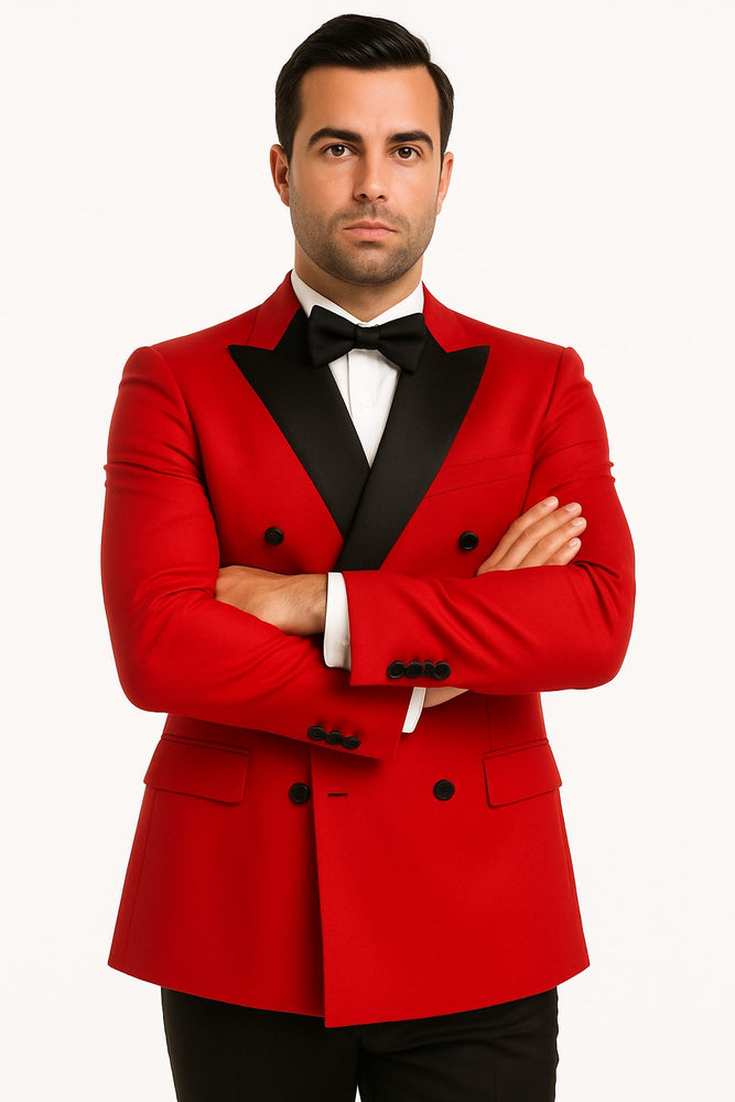 Double Breasted Tuxedo Mens Red Buttons Closure Slim Fit Tuxedo