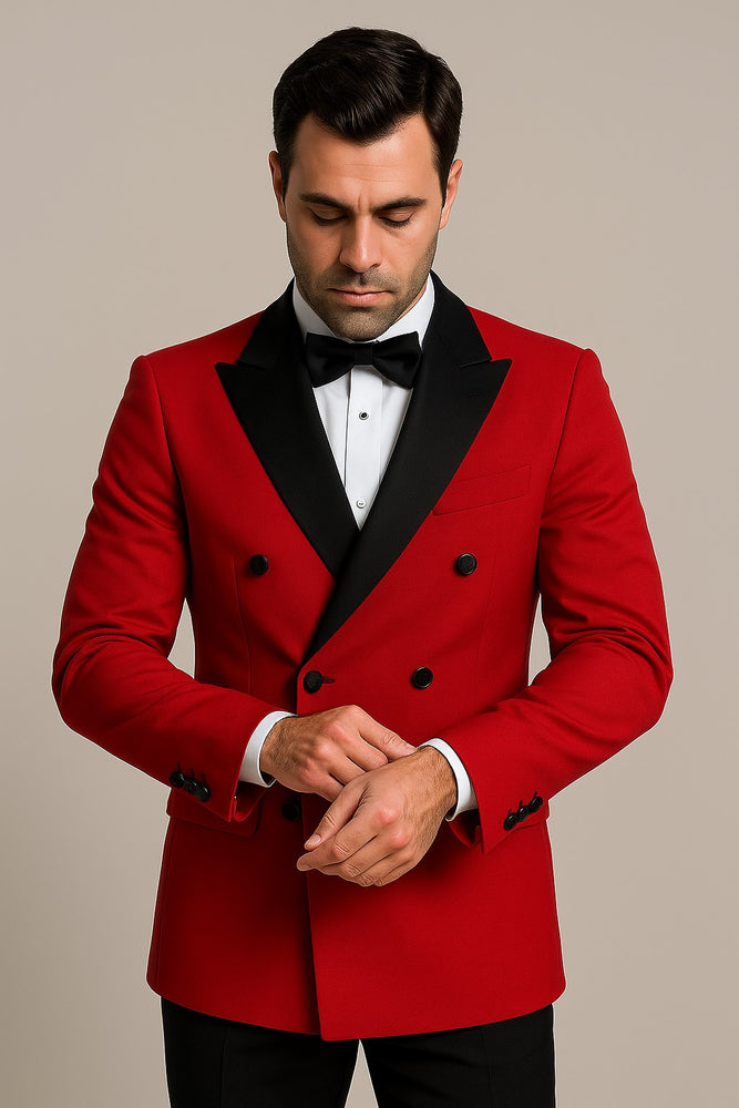 Double Breasted Tuxedo Mens Red Buttons Closure Slim Fit Tuxedo