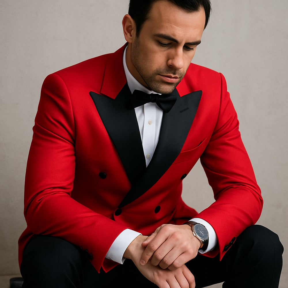 Double Breasted Tuxedo Mens Red Buttons Closure Slim Fit Tuxedo