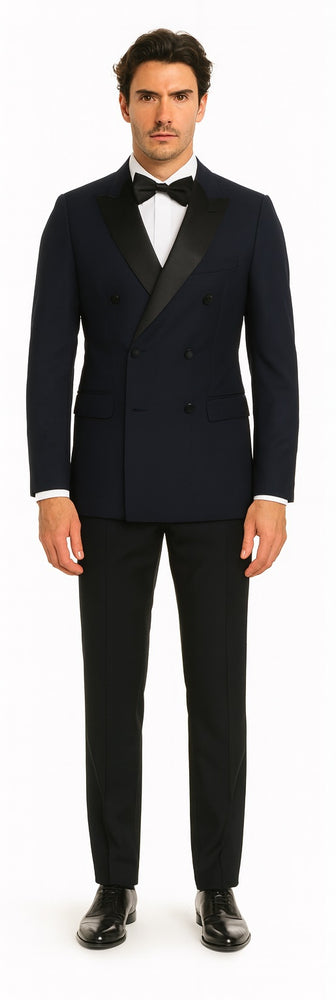 Double Breasted Tuxedo Mens Slim Fit Double breasted Suits Navy and Black Tuxedo Flat Front Pants