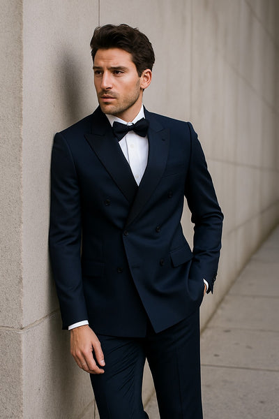 Double Breasted Tuxedo Mens Slim Fit Double breasted Suits Navy and Black Tuxedo Flat Front Pants