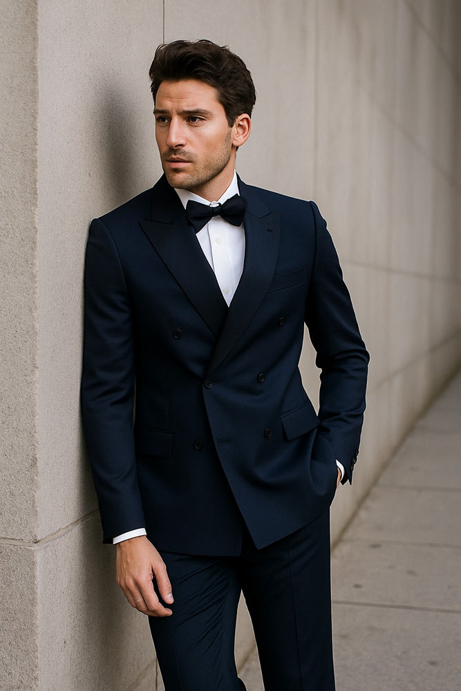 Double Breasted Tuxedo Mens Slim Fit Double breasted Suits Navy and Black Tuxedo Flat Front Pants