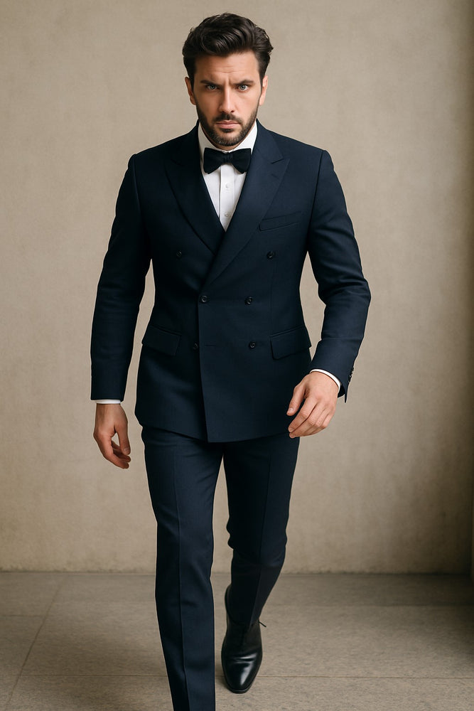 Double Breasted Tuxedo Mens Slim Fit Double breasted Suits Navy and Black Tuxedo Flat Front Pants