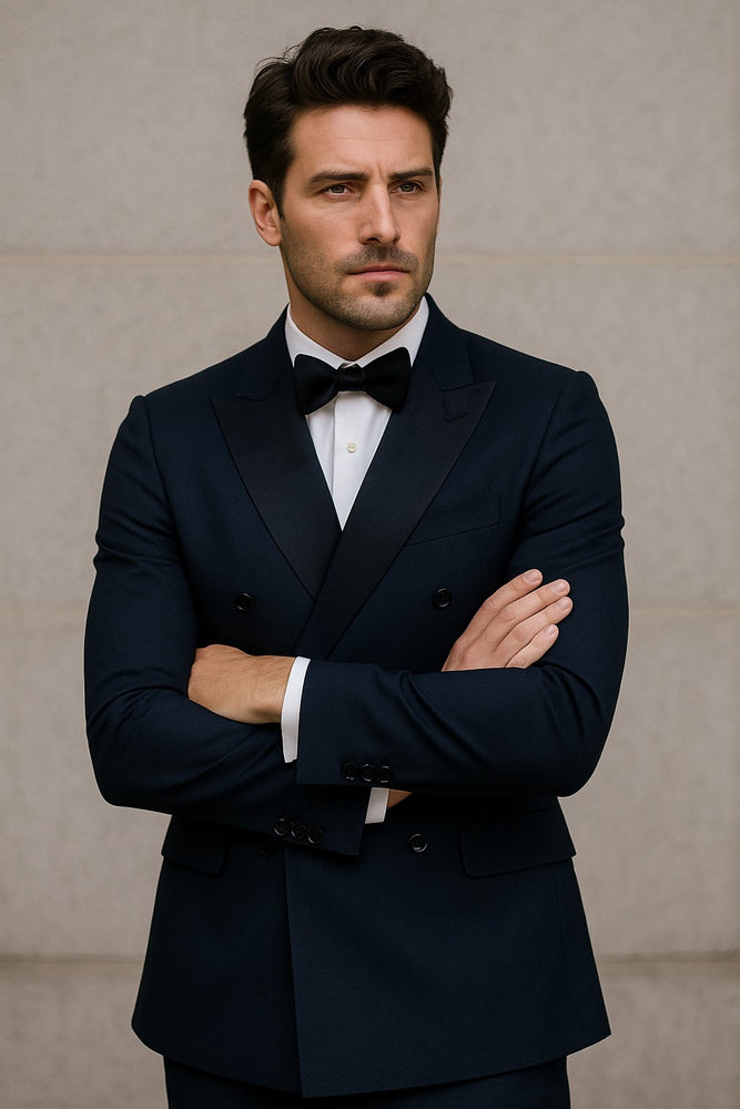 Double Breasted Tuxedo Mens Slim Fit Double breasted Suits Navy and Black Tuxedo Flat Front Pants