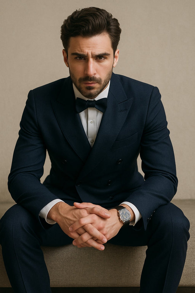 Double Breasted Tuxedo Mens Slim Fit Double breasted Suits Navy and Black Tuxedo Flat Front Pants