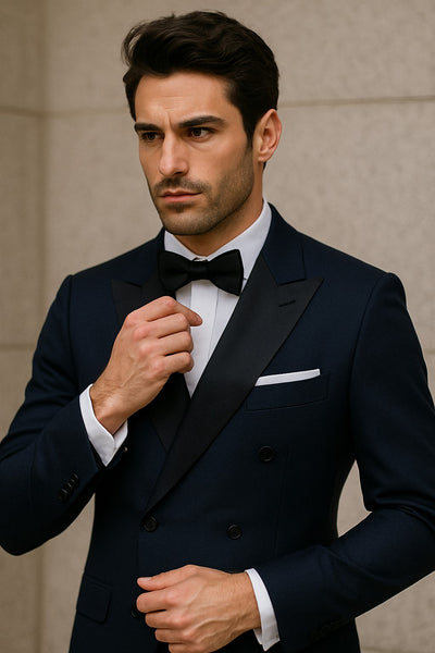 Double Breasted Tuxedo Mens Slim Fit Double breasted Suits Navy and Black Tuxedo Flat Front Pants