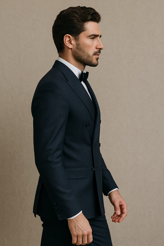 Double Breasted Tuxedo Mens Slim Fit Double breasted Suits Navy and Black Tuxedo Flat Front Pants