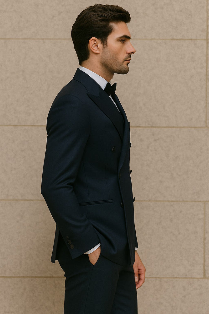 Double Breasted Tuxedo Mens Slim Fit Double breasted Suits Navy and Black Tuxedo Flat Front Pants