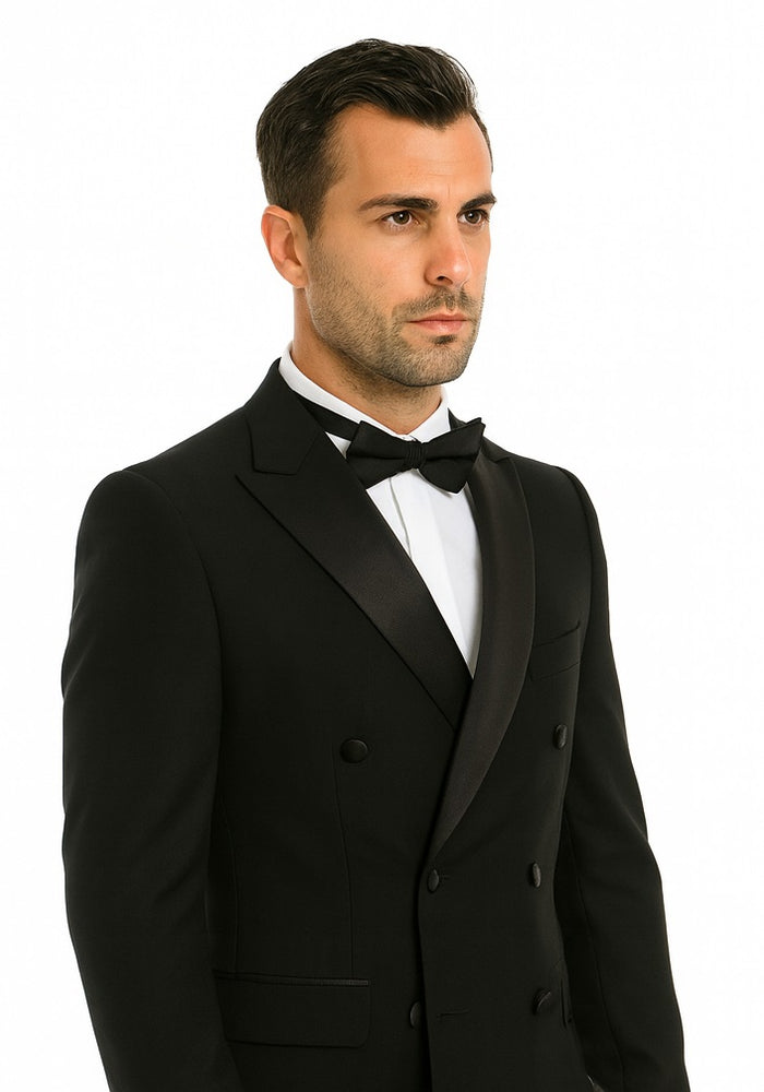 Double Breasted Tuxedo Mens Slim Fit Double breasted Suits Tuxedo Flat Front Pants Black