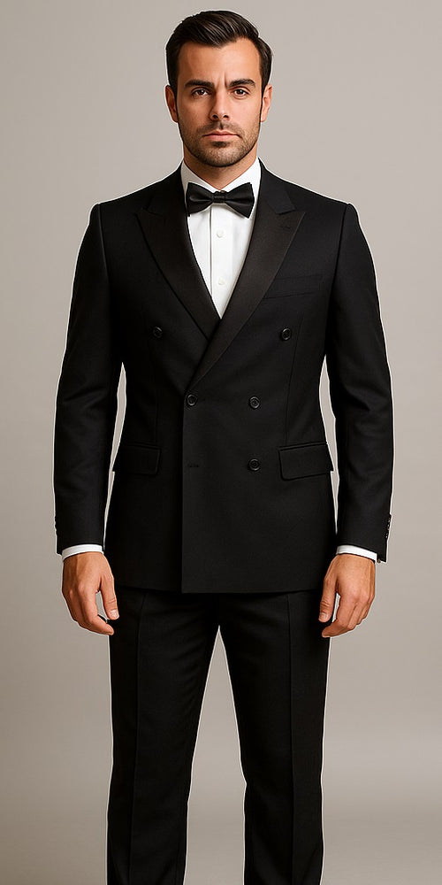 Double Breasted Tuxedo Mens Slim Fit Double breasted Suits Tuxedo Flat Front Pants Black