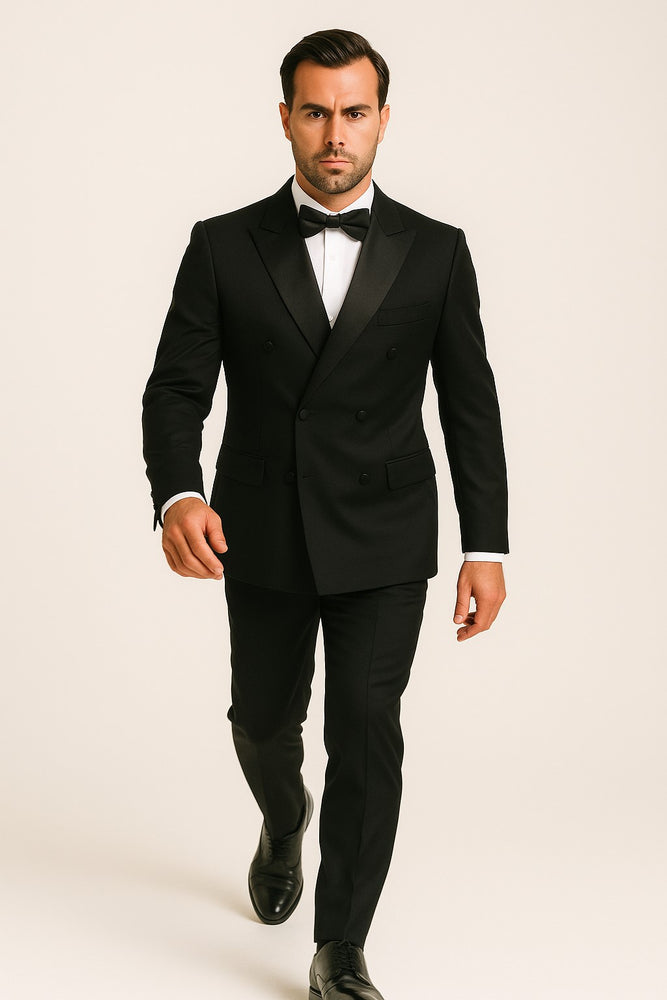 Double Breasted Tuxedo Mens Slim Fit Double breasted Suits Tuxedo Flat Front Pants Black