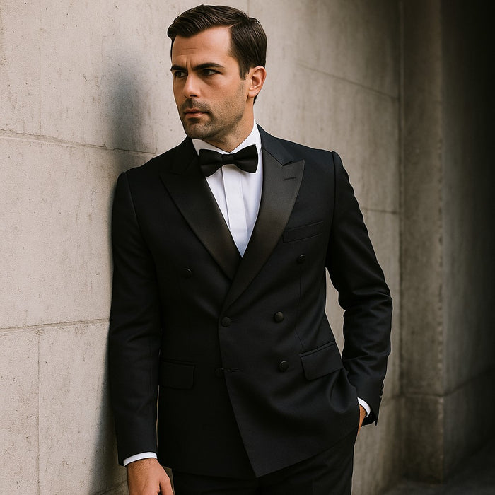 Double Breasted Tuxedo Mens Slim Fit Double breasted Suits Tuxedo Flat Front Pants Black