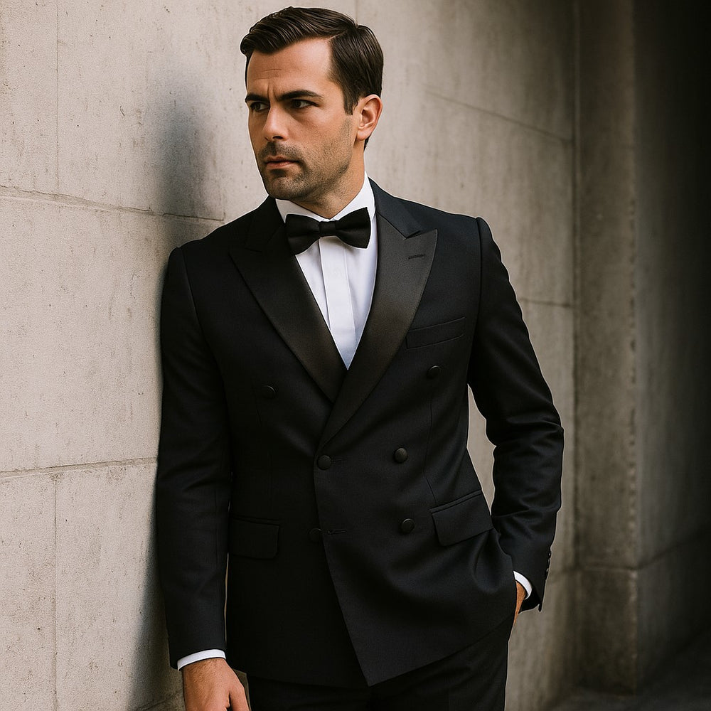 Double Breasted Tuxedo Mens Slim Fit Double breasted Suits Tuxedo Flat Front Pants Black