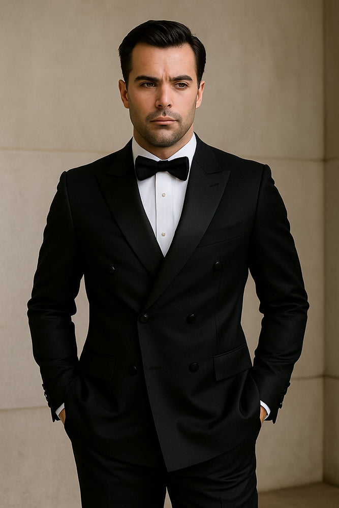 Double Breasted Tuxedo Mens Slim Fit Double breasted Suits Tuxedo Flat Front Pants Black