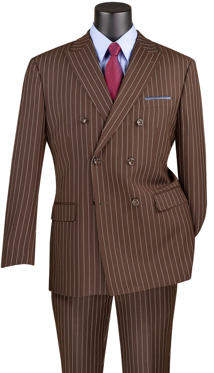 Rockefeller Collection Men’s Brown Double Breasted Pinstripe Suit, Regular Fit 2 Piece Formal Business Suit Set