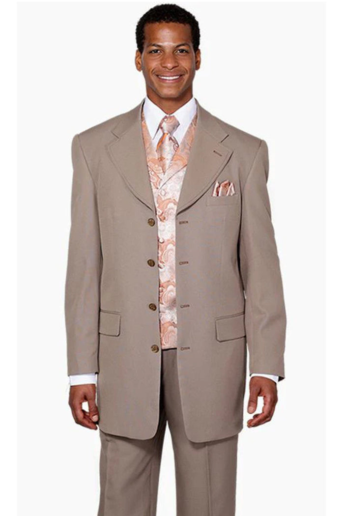 "Tan Men's Fashion Suit with 4-Button Long Vested Paisley Design"