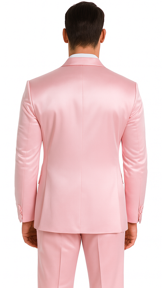 Men's Dusty Rose Satin 3 Piece Skinny Fit Tazzio Suit with Peak Lapel and Double Breasted Design